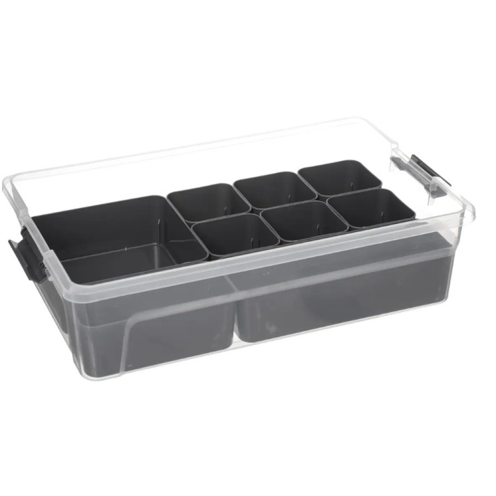Låda med insats och burkar för sortering, EZY SORT IT DOUBLE, 35,5 x 22,5 x H 10 cm, Transparent / Grå i gruppen Förvaring / Förvaringslådor hos SmartaSaker.se (41803)