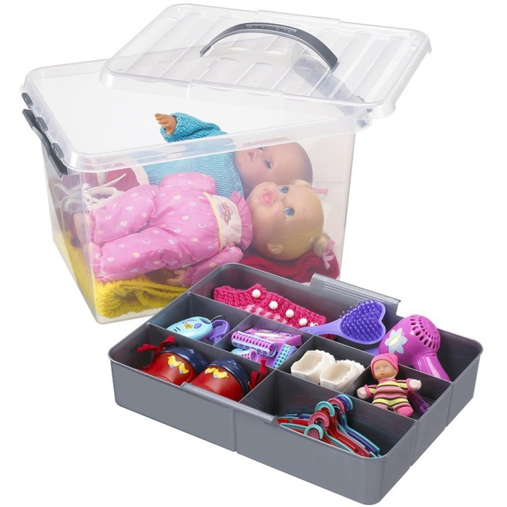 Låda med insats och handtag, 15 Liter, Q-LINE MULTIBOX, 40 x 30 x H 18 cm, Klar / Silvergrå i gruppen Förvaring / Förvaringslådor hos SmartaSaker.se (41804)