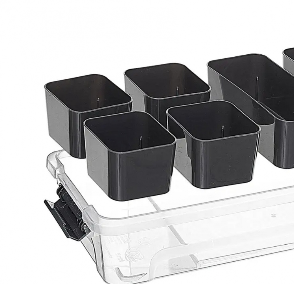 Låda, långsmal, med 6 burkar för sortering, EZY SORT IT, 35 x 15.5 x H 7 cm, Transparent / Grå i gruppen Förvaring / Förvaringslådor hos SmartaSaker.se (41873)