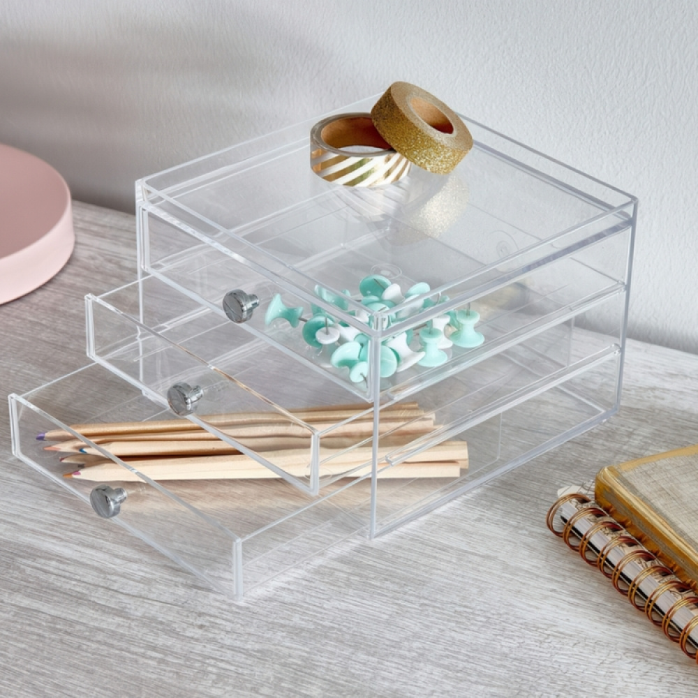 Lådförvaring, 3 låga lådor, ID CLARITY SLIM VANITY DRAWER, 16,5 x 16,5 x H 12,5 cm, Klar i gruppen Förvaring / Badrumsförvaring / Sminkförvaring hos SmartaSaker.se (41902)