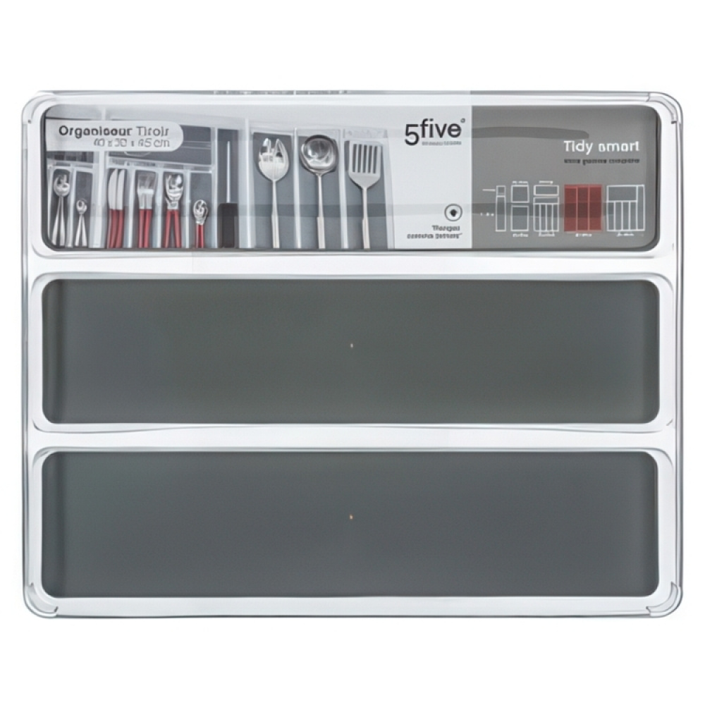 Lådinsats för köksredskap, 3 fack, TIDY SMART ORGANIZER, 40 x 32 x H 4,5 cm, Klar / Mörkgrå i gruppen Förvaring / Köksförvaring / Organisera köksskåp / Besticklådor hos SmartaSaker.se (41921)