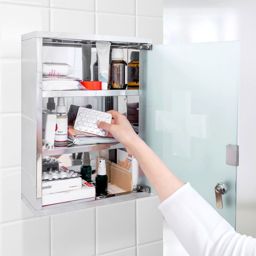 Medicinskåp med glasdörr, Låsbart, LARGE MEDICINE CABINET, 30 x 12 x H 40 cm, Silver i gruppen Förvaring / Badrumsförvaring hos SmartaSaker.se (42218)