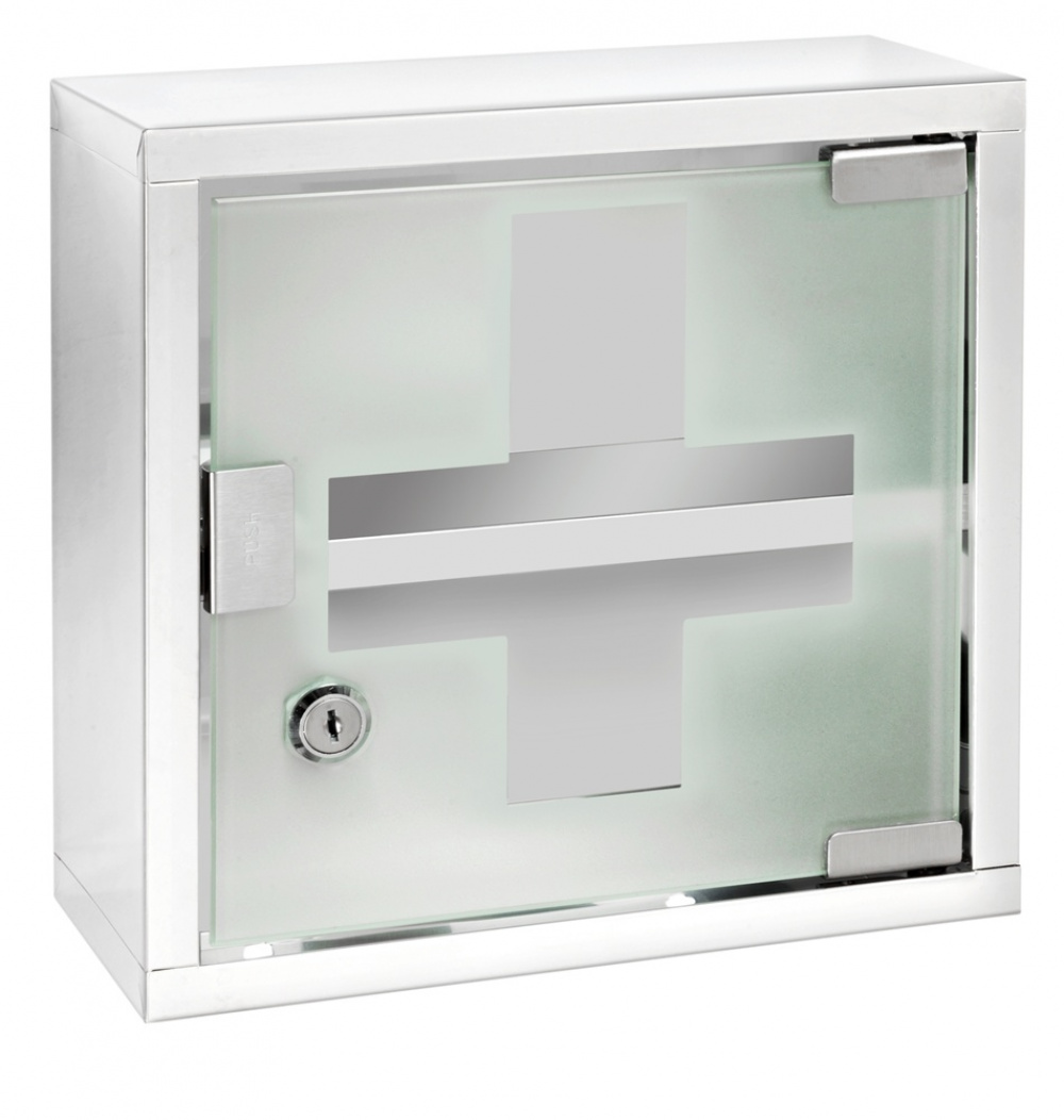 Medicinskåp med glasdörr, låsbart, MEDICINE CABINET, 25 x 12 x H 25 cm, Silver / Klar i gruppen Förvaring / Badrumsförvaring hos SmartaSaker.se (42219)