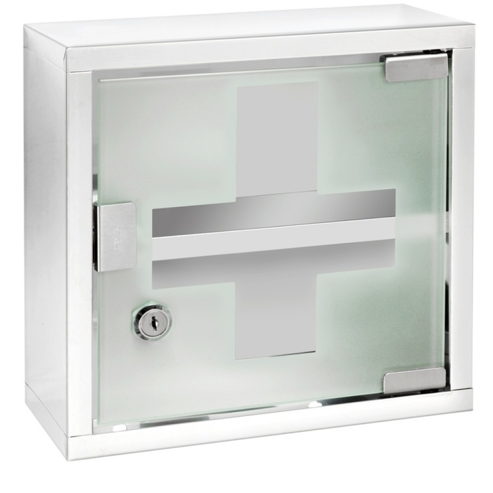 Medicinskåp med glasdörr, låsbart, MEDICINE CABINET, 25 x 12 x H 25 cm, Silver / Klar i gruppen Förvaring / Badrumsförvaring hos SmartaSaker.se (42219)