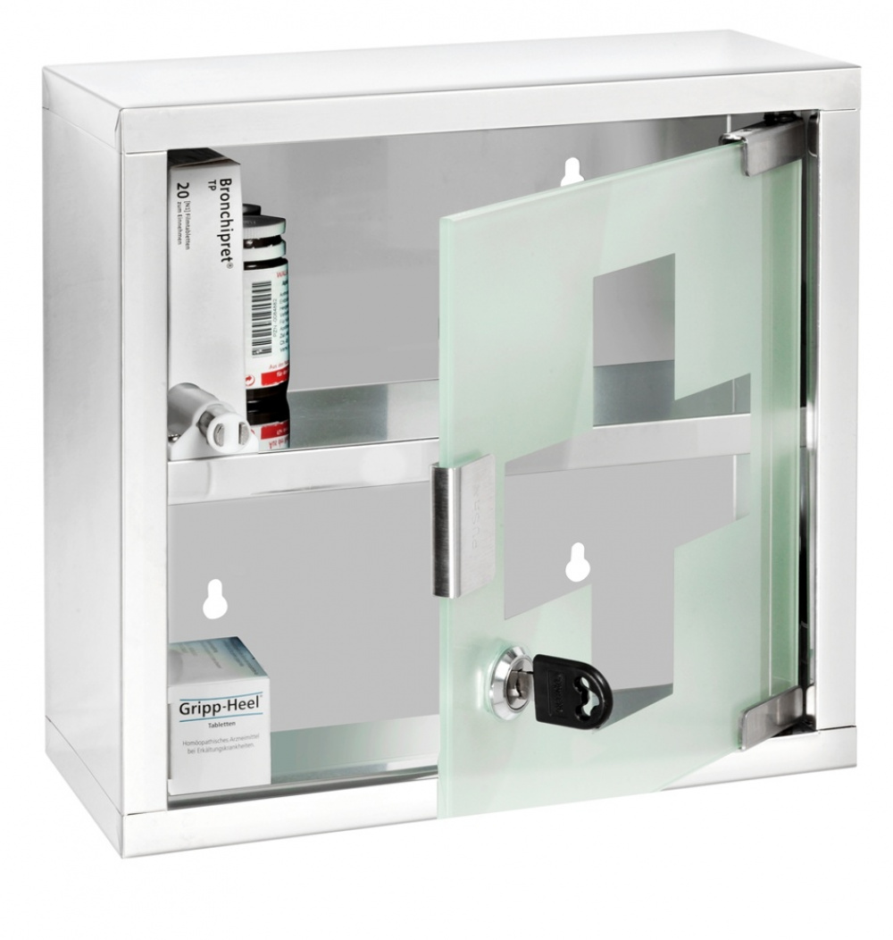 Medicinskåp med glasdörr, låsbart, MEDICINE CABINET, 25 x 12 x H 25 cm, Silver / Klar i gruppen Förvaring / Badrumsförvaring hos SmartaSaker.se (42219)