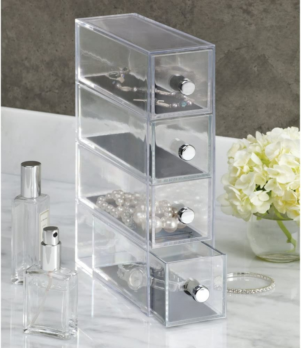 Minibyrå, 4 lådor, ID CLARITY FLIP JEWELRY DRAWER, 7 x 16,5 x H 25 cm, Klar / Svart i gruppen Förvaring / Badrumsförvaring / Sminkförvaring hos SmartaSaker.se (42264)