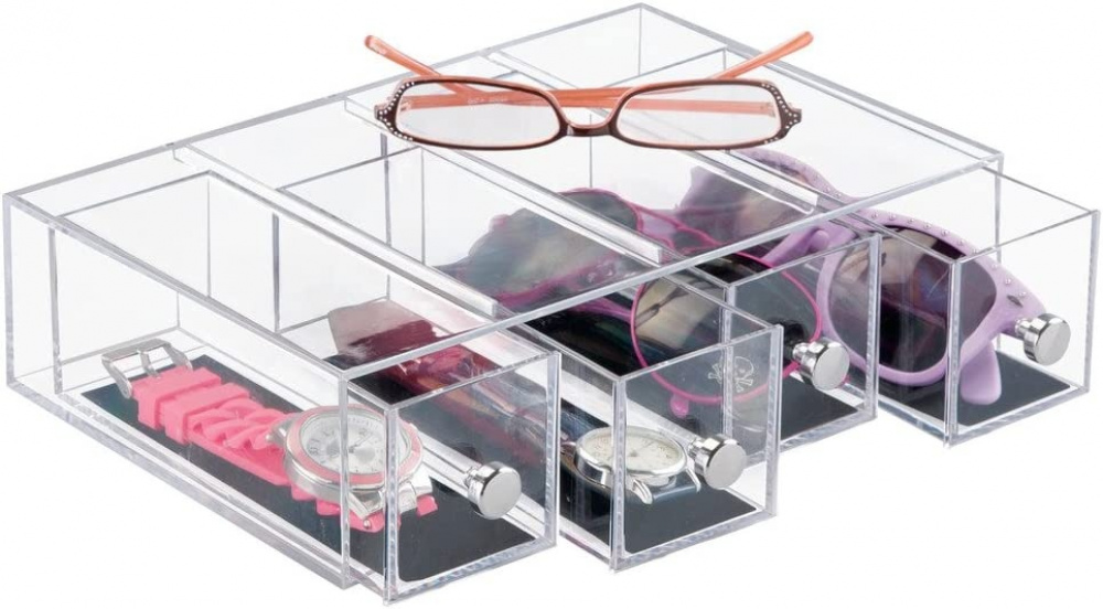 Minibyrå, 4 lådor, ID CLARITY FLIP JEWELRY DRAWER, 7 x 16,5 x H 25 cm, Klar / Svart i gruppen Förvaring / Badrumsförvaring / Sminkförvaring hos SmartaSaker.se (42264)