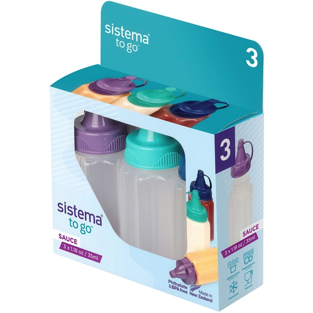 Miniflaskor för sås, 35 ml, 3 st, SAUCE TO GO, Ø 3,4 x H8 cm, Lila / Turkos / Blå i gruppen Förvaring / Köksförvaring / Matlådor hos SmartaSaker.se (42270)