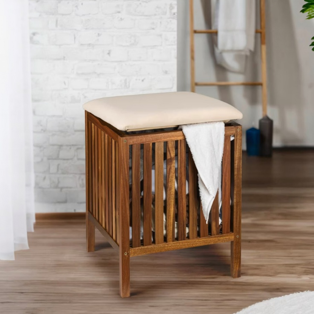 Pall i akaciaträ med förvaring, FONDI, 39 x 39 x H 52 cm, Brun / offwhite i gruppen Förvaring / Hallförvaring hos SmartaSaker.se (42329)