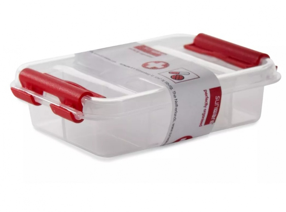 Pillerask med 8 fack, FIRST AID PILL BOX, 12 x 7,7 x H 3 cm, Klar / Röd i gruppen Förvaring / Badrumsförvaring hos SmartaSaker.se (42417)