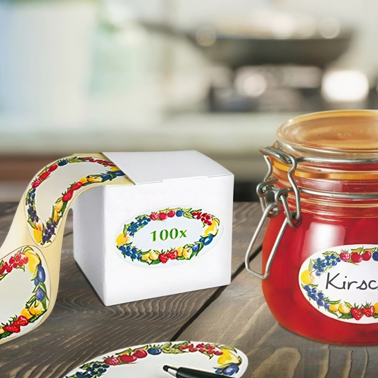 Självhäftande etiketter, 100 st, FRUIT BORDER, 7 x 4,5 cm, Vita med fruktmönster i gruppen Förvaring / Magneter och självhäftande / Skyltar och etiketter hos SmartaSaker.se (42499)