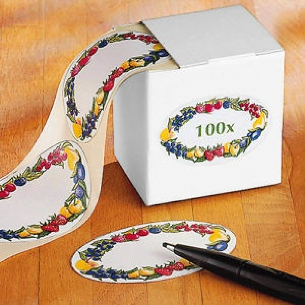 Självhäftande etiketter, 100 st, FRUIT BORDER, 7 x 4,5 cm, Vita med fruktmönster i gruppen Förvaring / Magneter och självhäftande / Skyltar och etiketter hos SmartaSaker.se (42499)