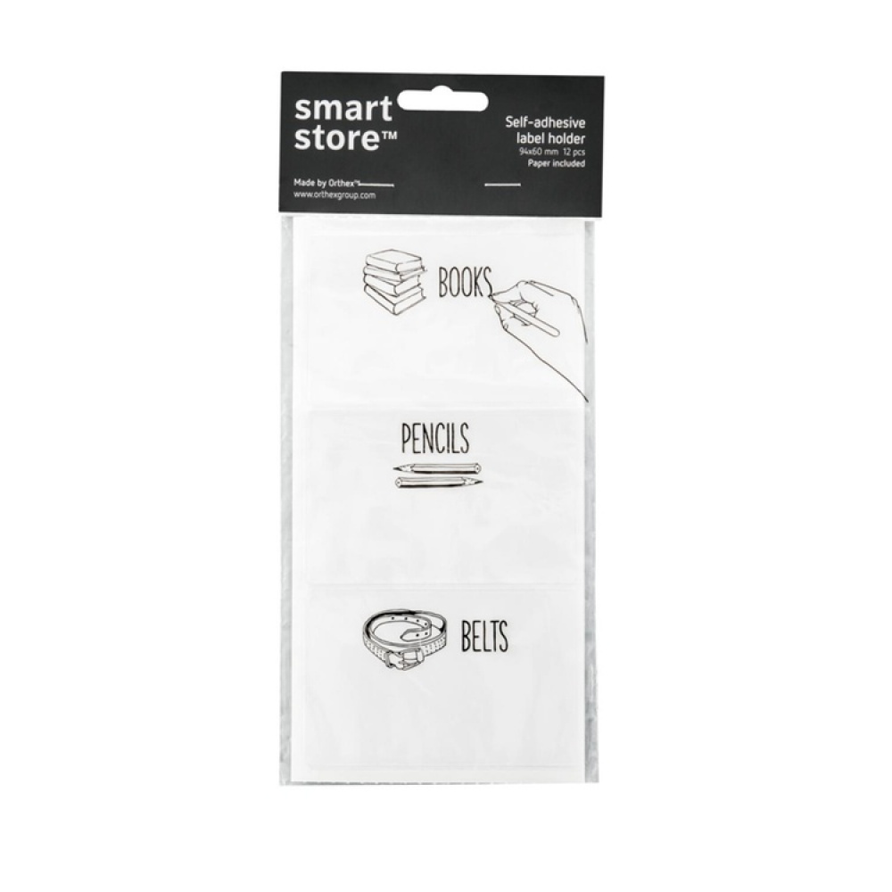 Självhäftande fickor för etiketter, 12 st, SMARTSTORE, 9,4 x 6 cm, Klar / vit i gruppen Förvaring / Magneter och självhäftande / Skyltar och etiketter hos SmartaSaker.se (42507)