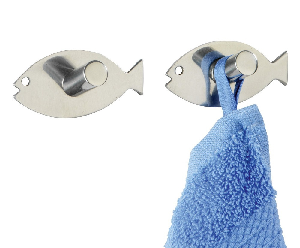 Självhäftande krokar i metall, 2 st, FISH, 6,5 x H3,2 cm, Rostfritt stål i gruppen Förvaring / Badrumsförvaring hos SmartaSaker.se (42523)