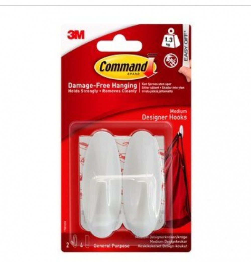 Självhäftande krokar, Avtagbara, 2 st, COMMAND MEDIUM, 2,9 x H 7,9 cm, Vit i gruppen Förvaring / Magneter och självhäftande / Självhäftande krokar hos SmartaSaker.se (42526)