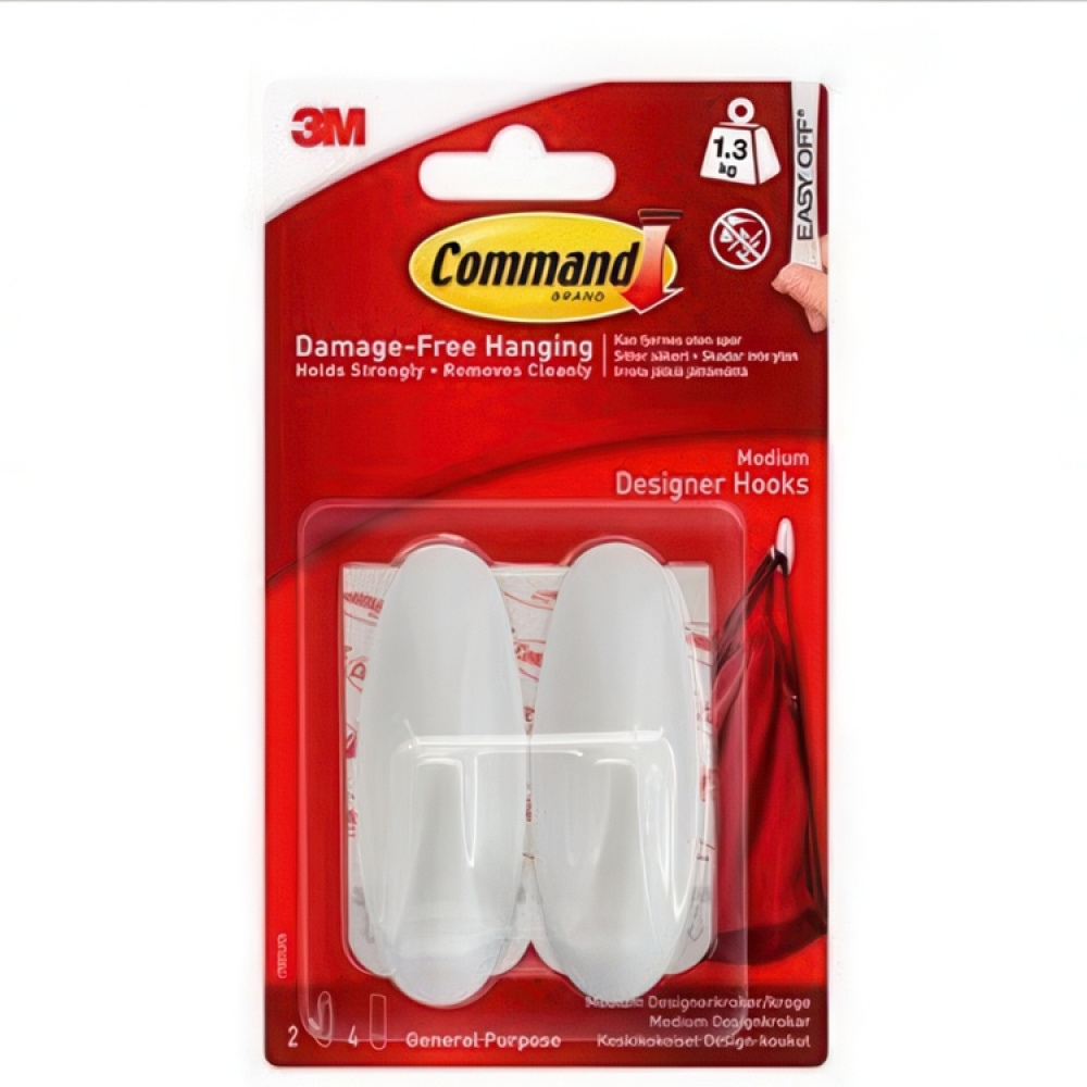 Självhäftande krokar, Avtagbara, 2 st, COMMAND MEDIUM, 2,9 x H 7,9 cm, Vit i gruppen Förvaring / Magneter och självhäftande / Självhäftande krokar hos SmartaSaker.se (42526)