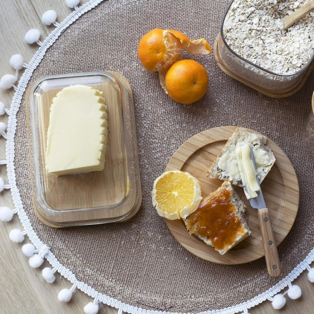 Smörask i bambu och glas, PEBBLY BEURRIER, 16,5 x 12 x H 8,5 cm. Klar / Natur i gruppen Förvaring / Köksförvaring / Kylskåpsförvaring hos SmartaSaker.se (42718)