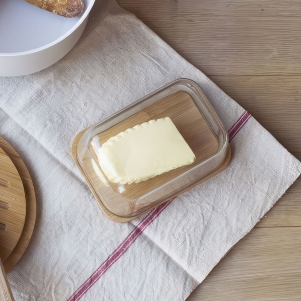 Smörask i bambu och glas, PEBBLY BEURRIER, 16,5 x 12 x H 8,5 cm. Klar / Natur i gruppen Förvaring / Köksförvaring / Kylskåpsförvaring hos SmartaSaker.se (42718)