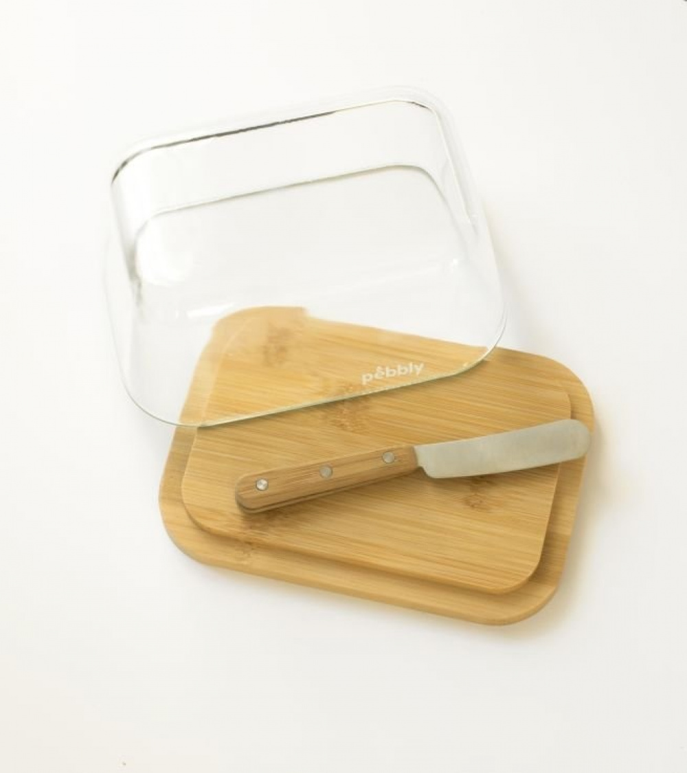 Smörask i bambu och glas, PEBBLY BEURRIER, 16,5 x 12 x H 8,5 cm. Klar / Natur i gruppen Förvaring / Köksförvaring / Kylskåpsförvaring hos SmartaSaker.se (42718)