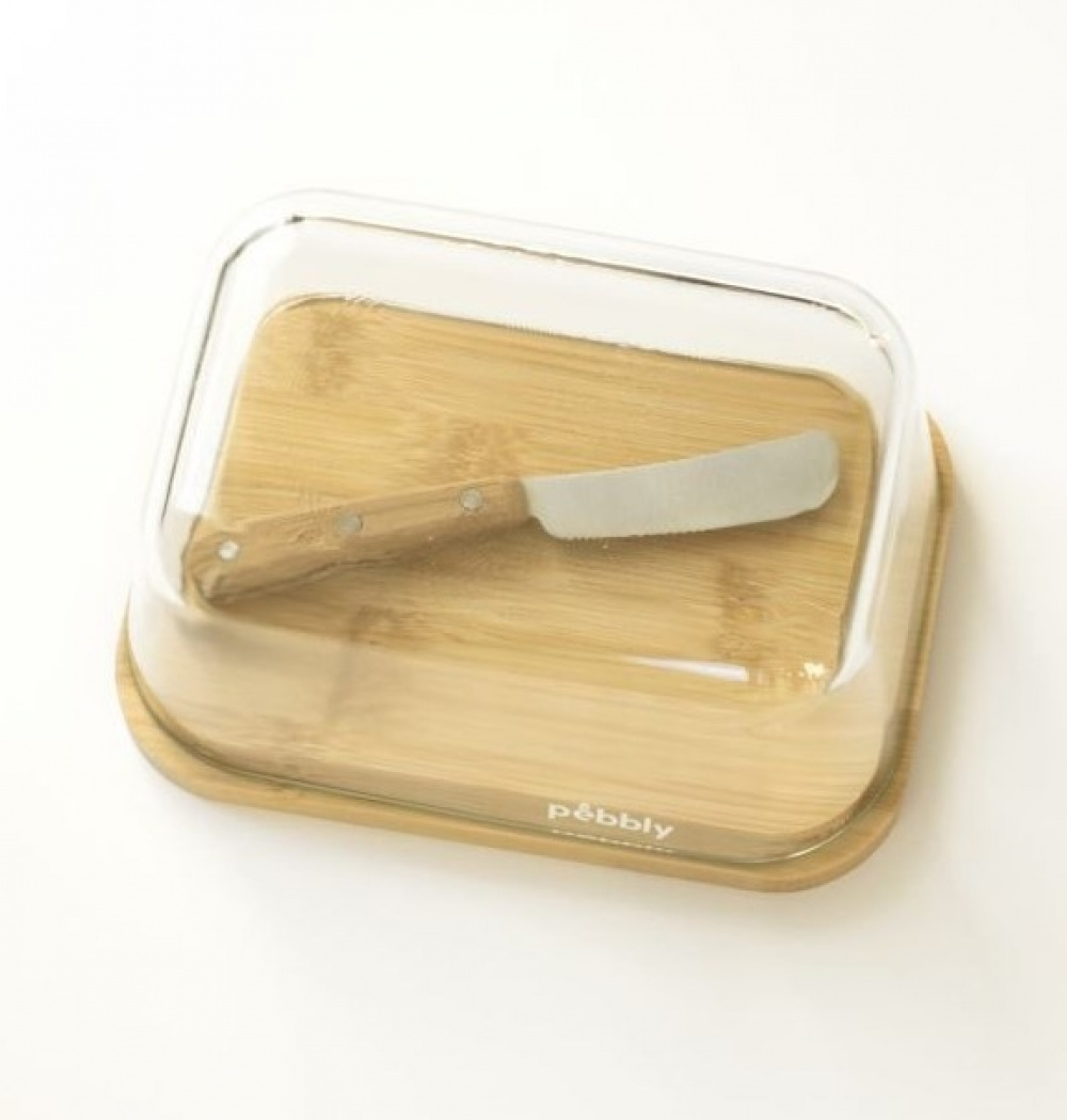 Smörask i bambu och glas, PEBBLY BEURRIER, 16,5 x 12 x H 8,5 cm. Klar / Natur i gruppen Förvaring / Köksförvaring / Kylskåpsförvaring hos SmartaSaker.se (42718)