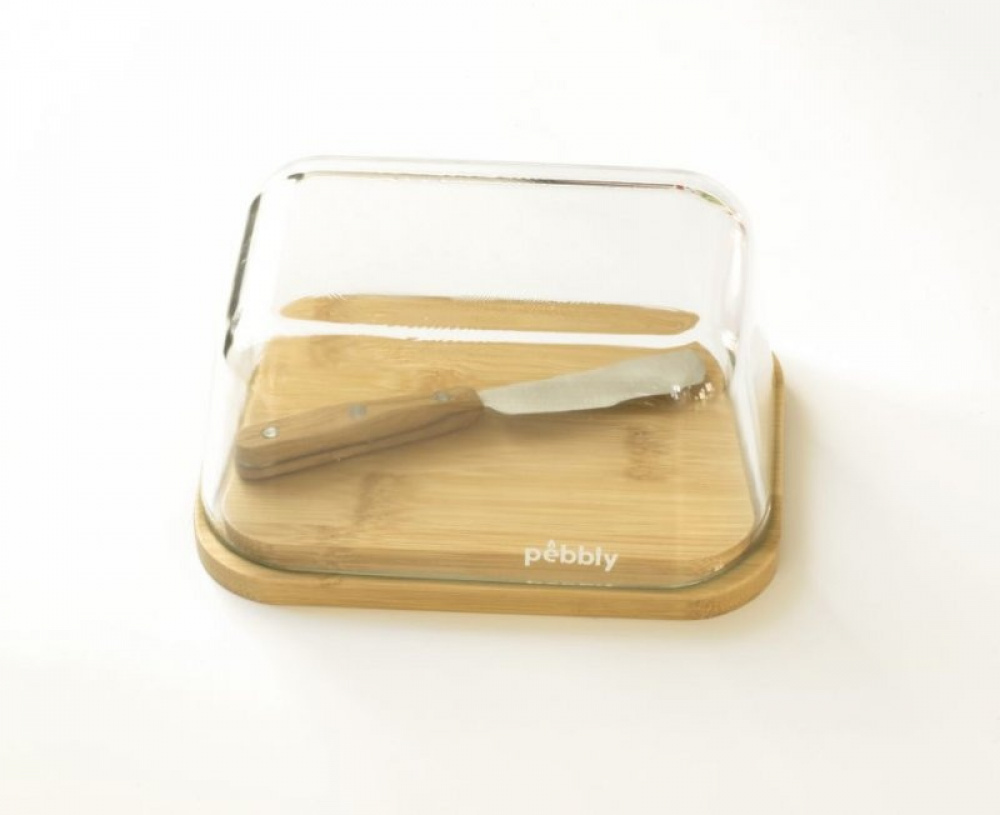 Smörask i bambu och glas, PEBBLY BEURRIER, 16,5 x 12 x H 8,5 cm. Klar / Natur i gruppen Förvaring / Köksförvaring / Kylskåpsförvaring hos SmartaSaker.se (42718)