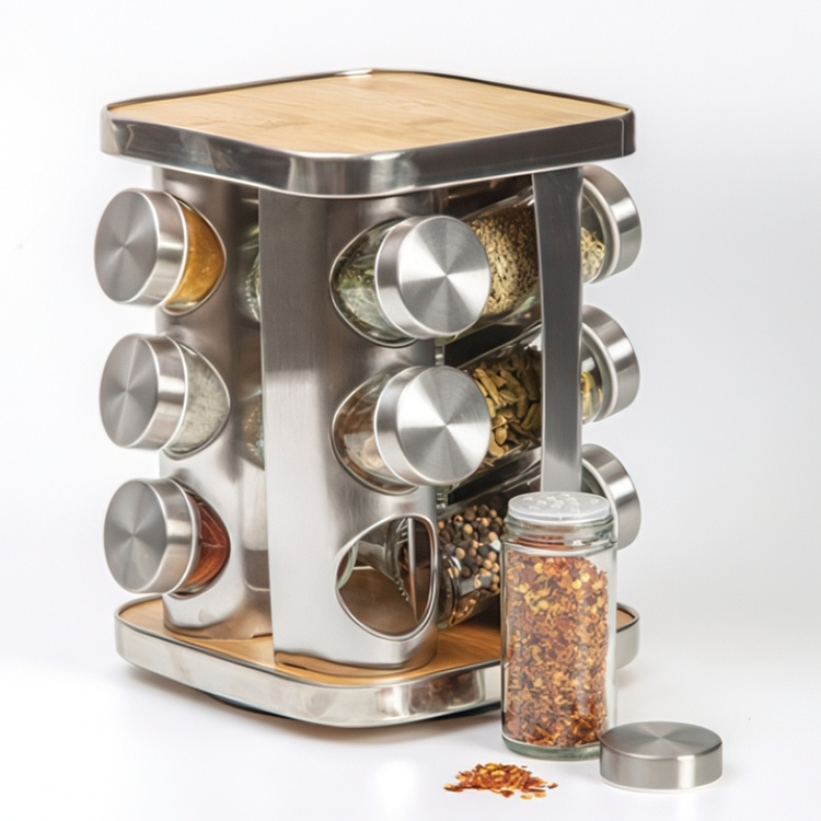 Snurrställ för Kryddor, 12 burkar, BAMBOO ROTATING SPICE RACK, 17 x 17 x H 23 cm , Silver / Natur i gruppen Förvaring / Köksförvaring / Organisera köksskåp / Kryddhyllor hos SmartaSaker.se (42753)