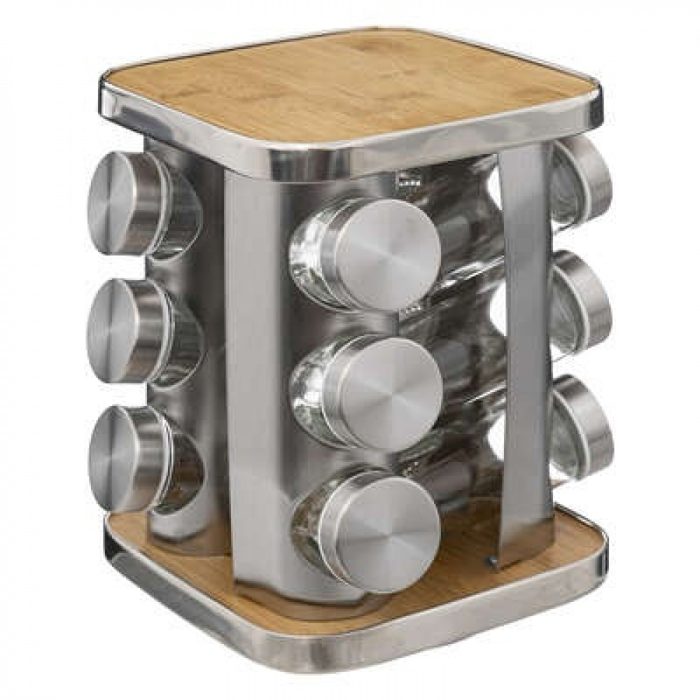 Snurrställ för Kryddor, 12 burkar, BAMBOO ROTATING SPICE RACK, 17 x 17 x H 23 cm , Silver / Natur i gruppen Förvaring / Köksförvaring / Organisera köksskåp / Kryddställ hos SmartaSaker.se (42753)