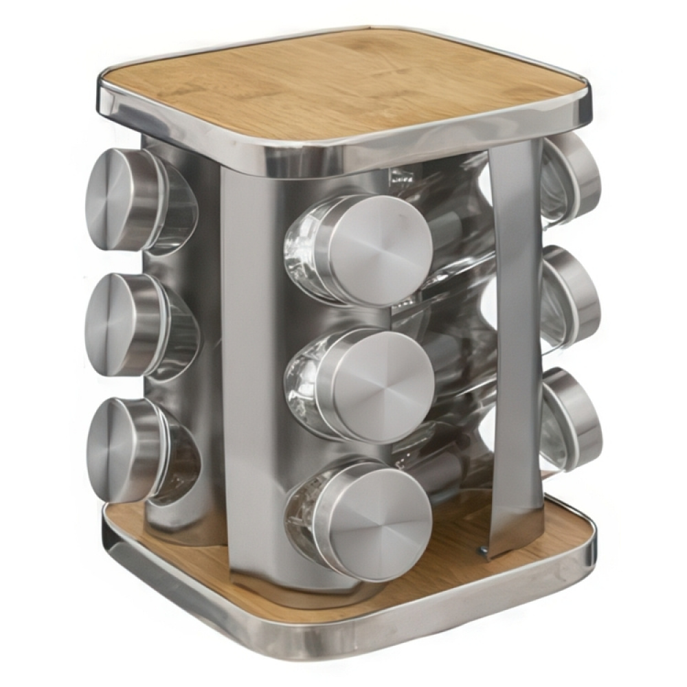 Snurrställ för Kryddor, 12 burkar, BAMBOO ROTATING SPICE RACK, 17 x 17 x H 23 cm , Silver / Natur i gruppen Förvaring / Köksförvaring / Organisera köksskåp / Kryddhyllor hos SmartaSaker.se (42753)