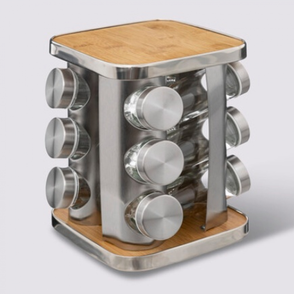 Snurrställ för Kryddor, 12 burkar, BAMBOO ROTATING SPICE RACK, 17 x 17 x H 23 cm , Silver / Natur i gruppen Förvaring / Köksförvaring / Organisera köksskåp / Kryddställ hos SmartaSaker.se (42753)