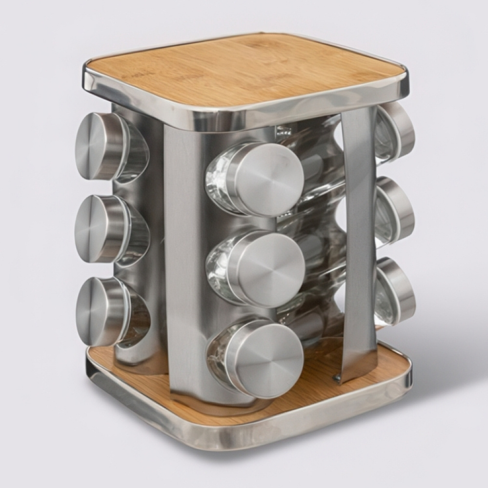 Snurrställ för Kryddor, 12 burkar, BAMBOO ROTATING SPICE RACK, 17 x 17 x H 23 cm , Silver / Natur i gruppen Förvaring / Köksförvaring / Organisera köksskåp / Kryddhyllor hos SmartaSaker.se (42753)