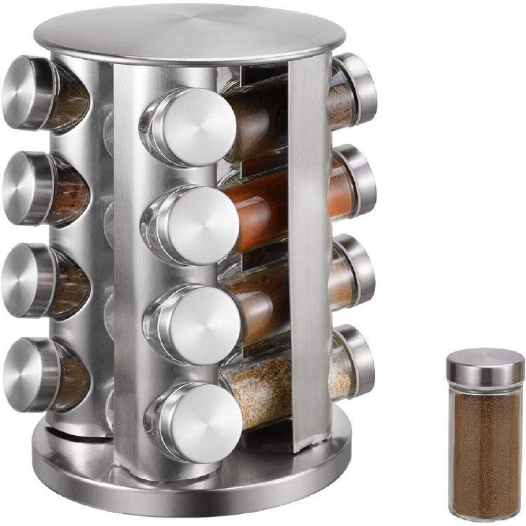 Snurrställ för Kryddor, 16 burkar, ROTATING SPICE RACK, Ø 21 x H 28,5 cm , Silver / Klar i gruppen Förvaring / Köksförvaring / Organisera köksskåp / Kryddhyllor hos SmartaSaker.se (42755)