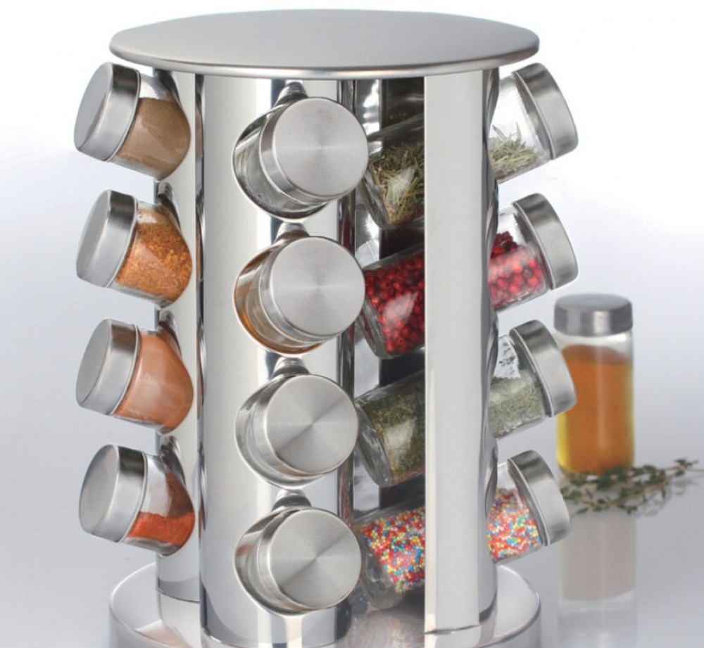 Snurrställ för Kryddor, 16 burkar, ROTATING SPICE RACK, Ø 21 x H 28,5 cm , Silver / Klar i gruppen Förvaring / Köksförvaring / Organisera köksskåp / Kryddställ hos SmartaSaker.se (42755)