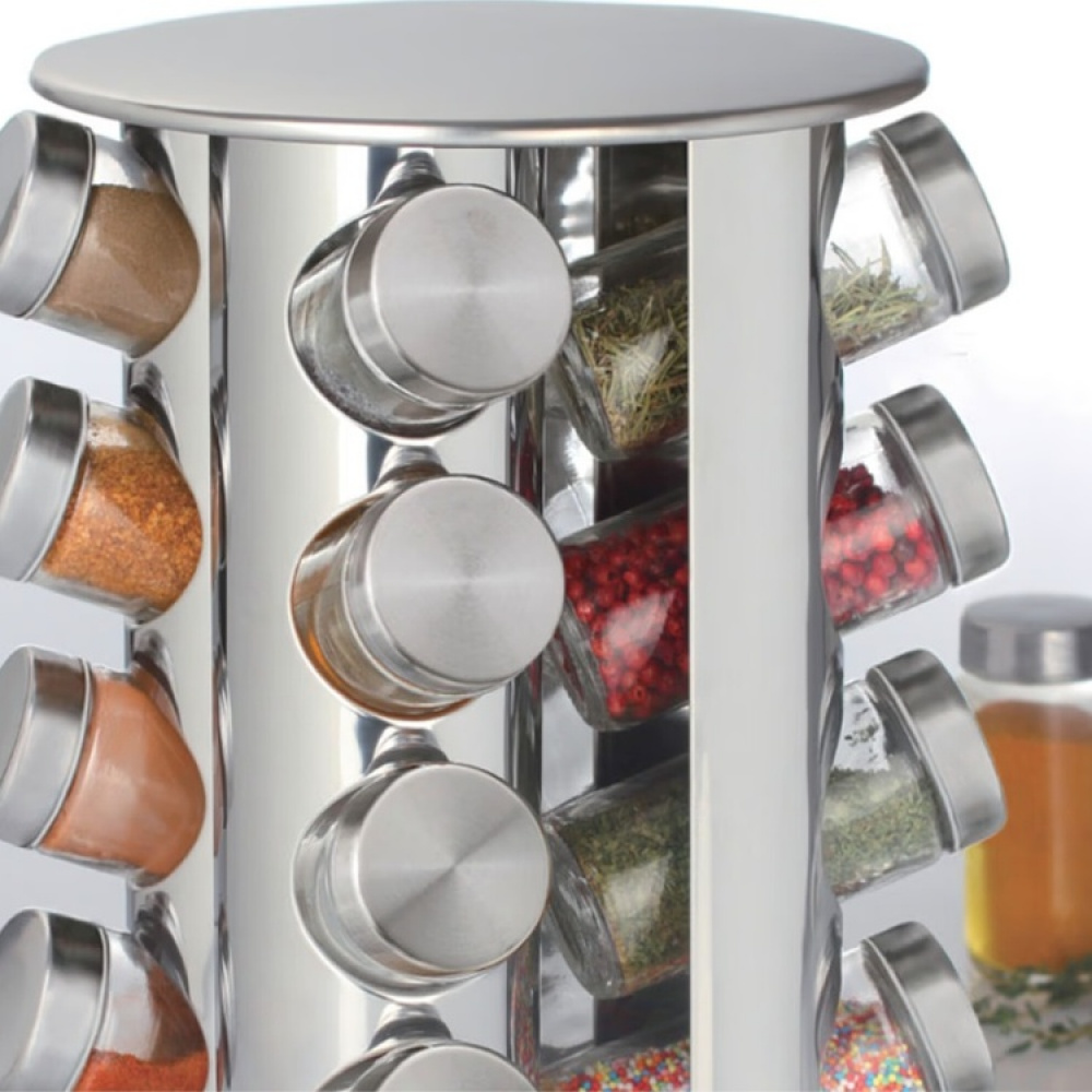 Snurrställ för Kryddor, 16 burkar, ROTATING SPICE RACK, Ø 21 x H 28,5 cm , Silver / Klar i gruppen Förvaring / Köksförvaring / Organisera köksskåp / Kryddhyllor hos SmartaSaker.se (42755)