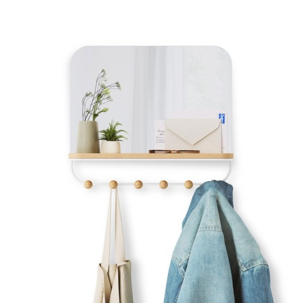 Spegel med Hylla och 6 krokar, ESTIQUE, Umbra, 46 x 10 x H 41 cm, Vit / Natur i gruppen Förvaring / Hallförvaring / Krokar och hängare hos SmartaSaker.se (42795)