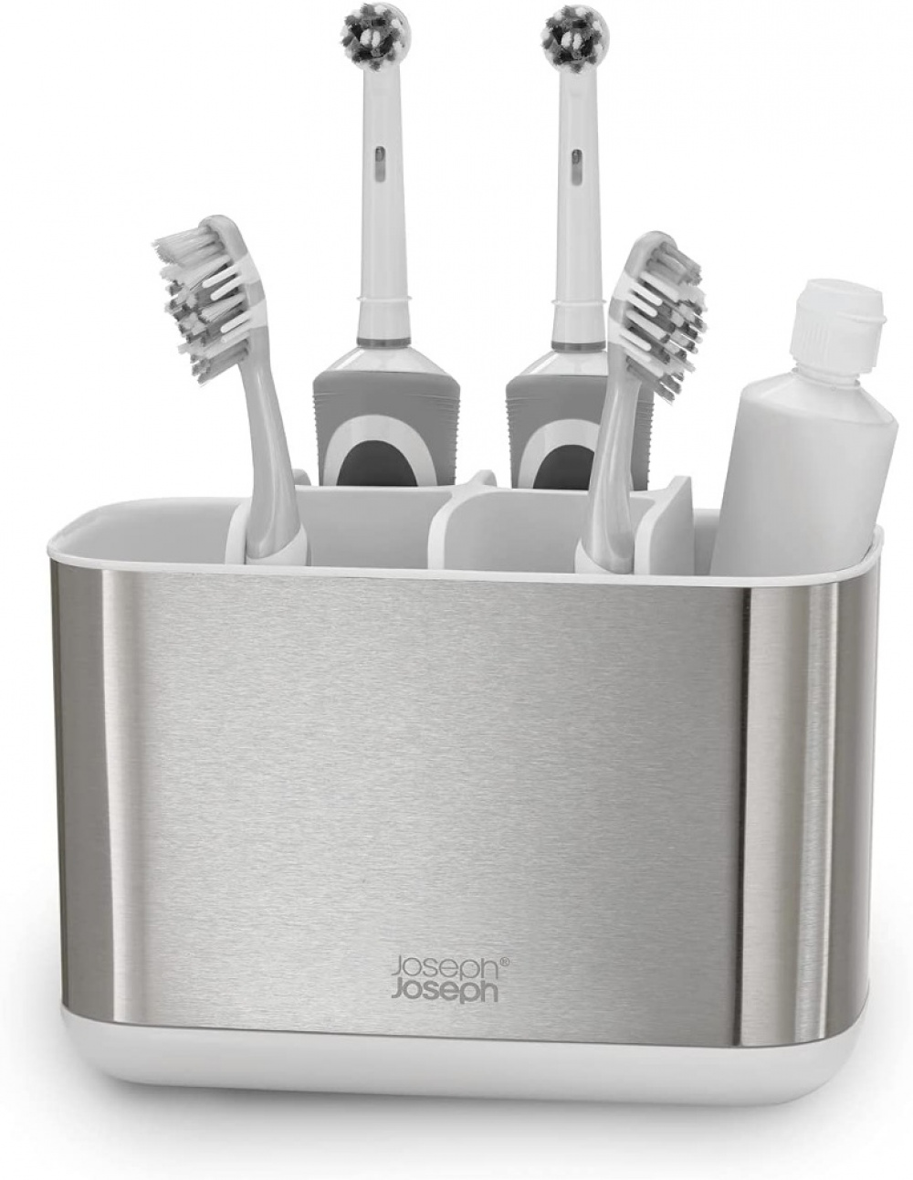 Ställ för eltandborstar, EASY STORE STEEL, 18 x 9 x H 11,5 cm, Joseph Joseph, Rostfritt stål / Vit i gruppen Förvaring / Badrumsförvaring hos SmartaSaker.se (42862)