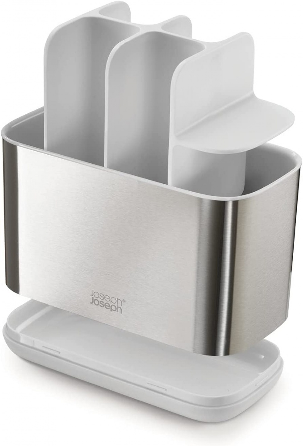 Ställ för eltandborstar, EASY STORE STEEL, 18 x 9 x H 11,5 cm, Joseph Joseph, Rostfritt stål / Vit i gruppen Förvaring / Badrumsförvaring hos SmartaSaker.se (42862)