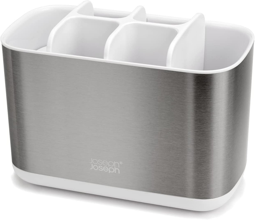 Ställ för eltandborstar, EASY STORE STEEL, 18 x 9 x H 11,5 cm, Joseph Joseph, Rostfritt stål / Vit i gruppen Förvaring / Badrumsförvaring hos SmartaSaker.se (42862)