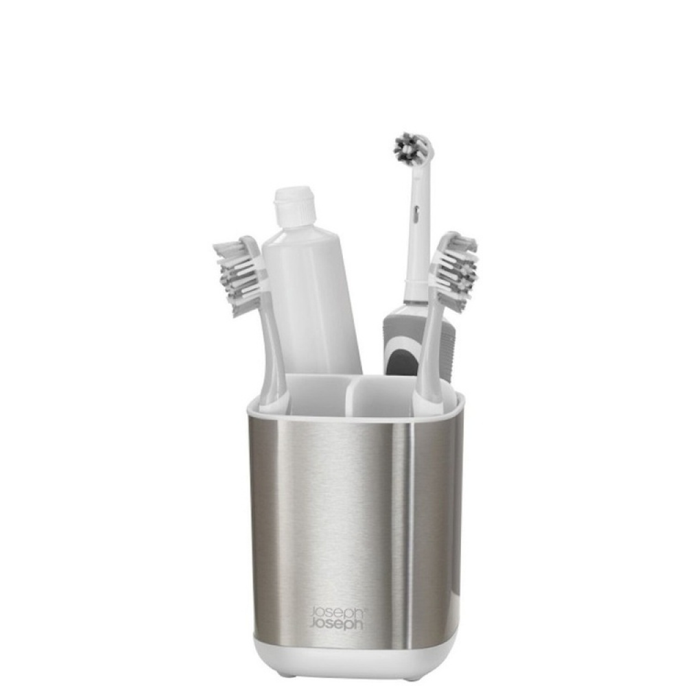 Tandborstmugg för eltandborstar, EASY STORE STEEL, 9 x 9 x H 12,7 cm , Joseph Joseph, Rostfritt / Vit i gruppen Förvaring / Badrumsförvaring hos SmartaSaker.se (42936)