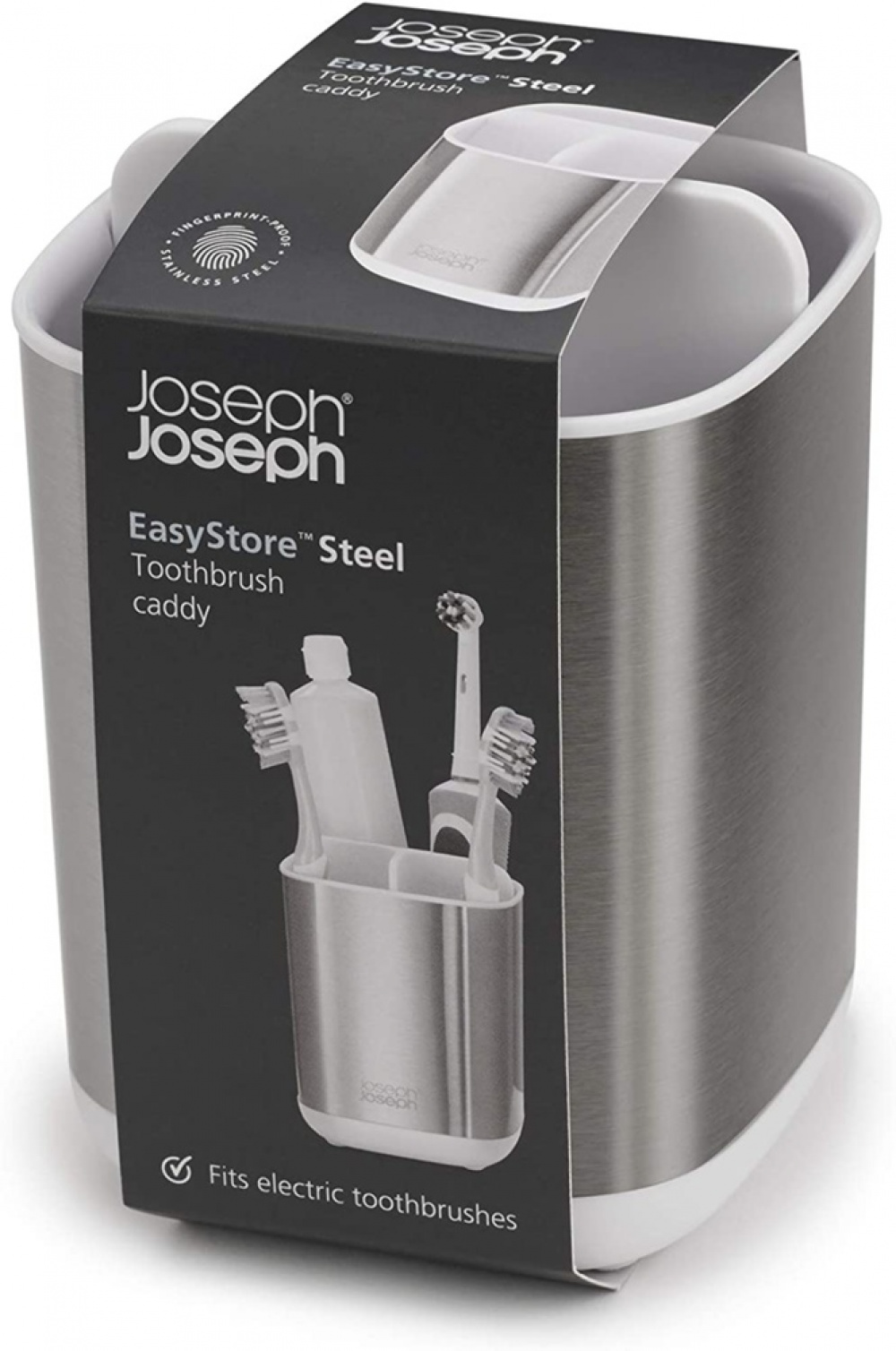 Tandborstmugg för eltandborstar, EASY STORE STEEL, 9 x 9 x H 12,7 cm , Joseph Joseph, Rostfritt / Vit i gruppen Förvaring / Badrumsförvaring hos SmartaSaker.se (42936)