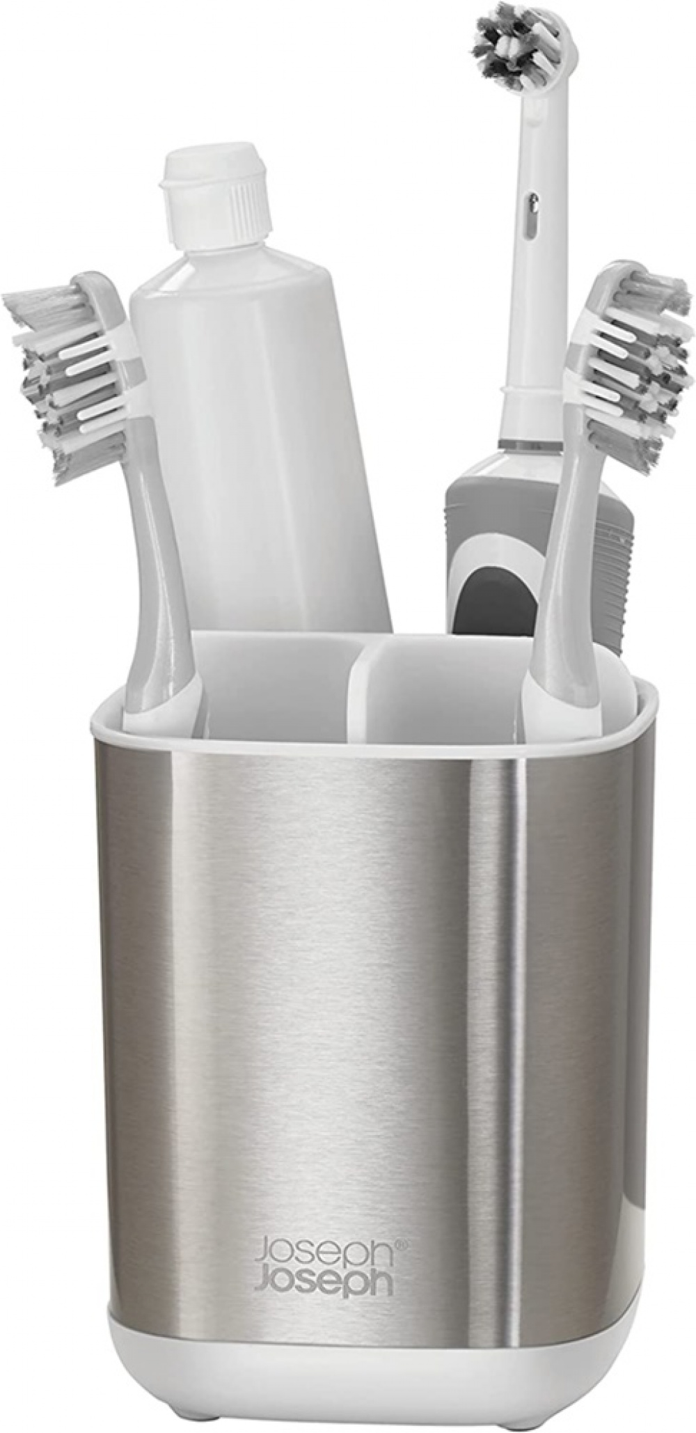 Tandborstmugg för eltandborstar, EASY STORE STEEL, 9 x 9 x H 12,7 cm , Joseph Joseph, Rostfritt / Vit i gruppen Förvaring / Badrumsförvaring hos SmartaSaker.se (42936)