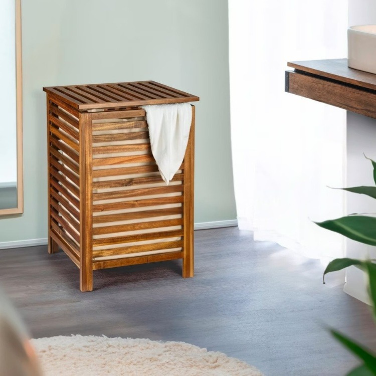 Tvättkorg i akacia, 56 L, FONDI, 45 x 45 x H 65 cm , Brun i gruppen Förvaring / Tvätt och tork / Tvättkorgar hos SmartaSaker.se (43089)