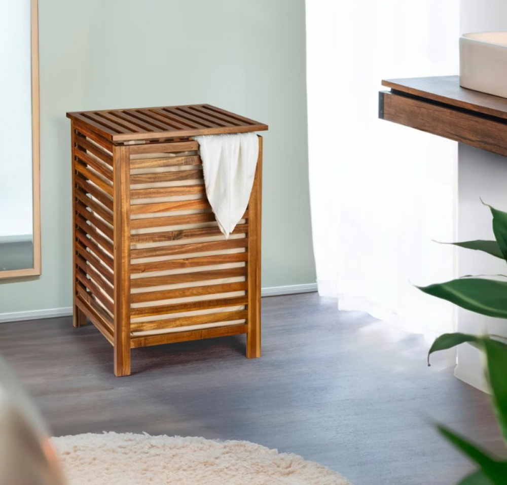 Tvättkorg i akacia, 56 L, FONDI, 45 x 45 x H 65 cm , Brun i gruppen Förvaring / Tvätt och tork / Tvättkorgar hos SmartaSaker.se (43089)