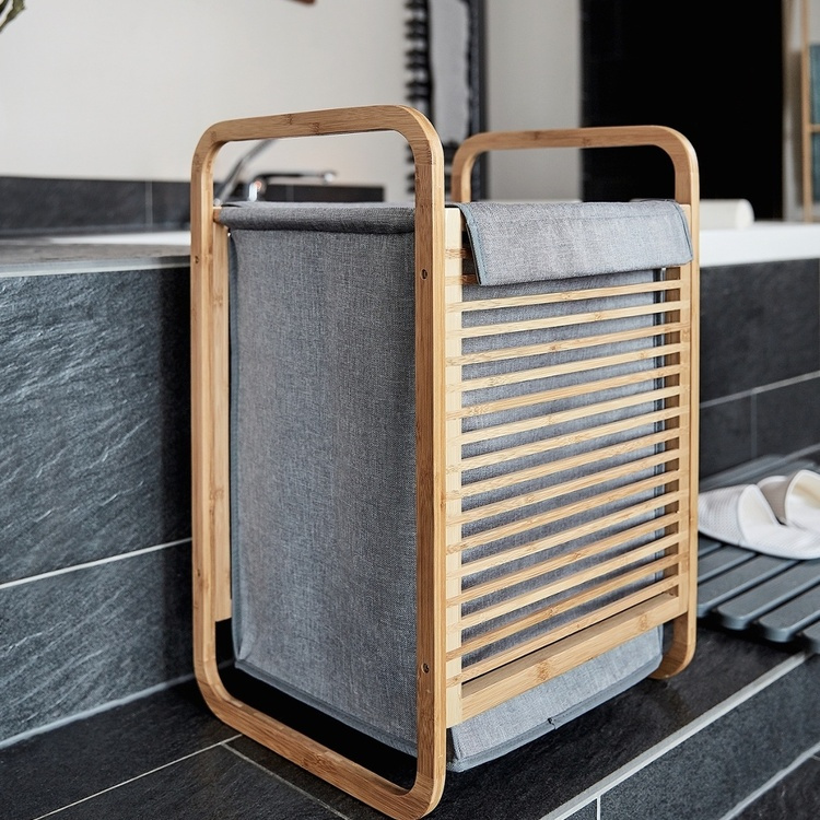 Tvättkorg i bambu, BAHRI, 40 x 30 X H 60 cm, brun / grå i gruppen Förvaring / Tvätt och tork / Tvättkorgar hos SmartaSaker.se (43091)