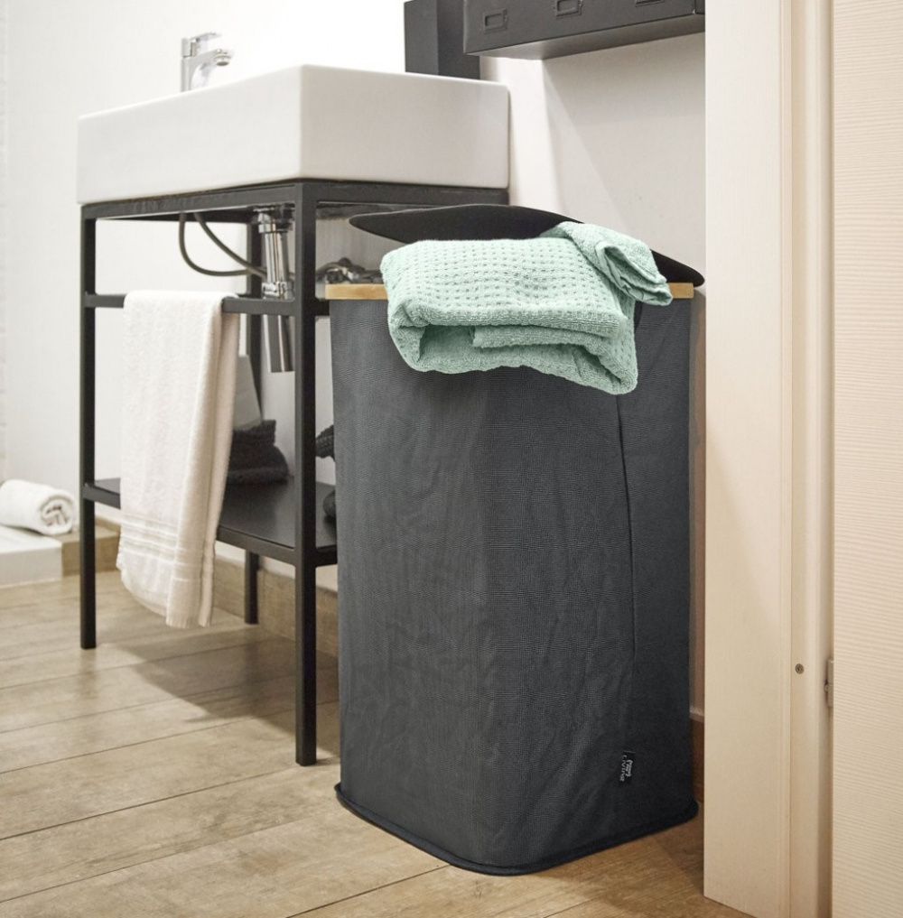 Tvättkorg med lock, PORTABIANCHERIA, 35,5 x 35,5 x H 58,5 cm, Mörkgrå / Bambu i gruppen Förvaring / Tvätt och tork / Tvättkorgar hos SmartaSaker.se (43097)