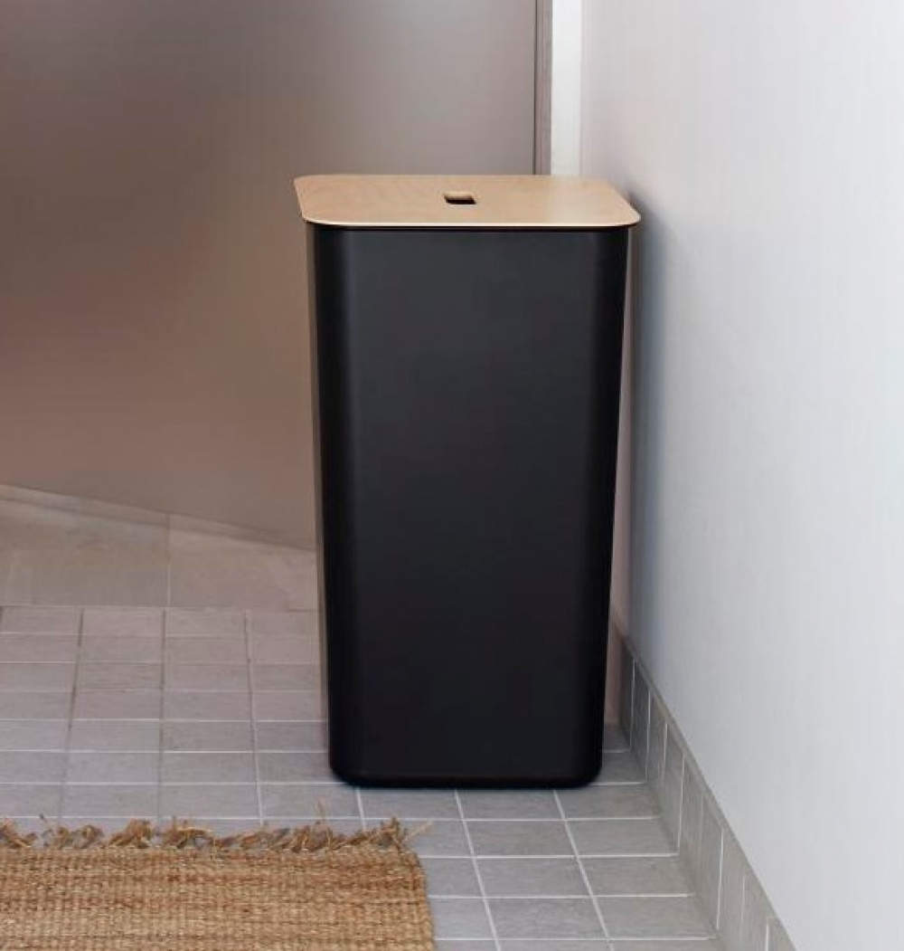 Tvättkorg med trälock, 53 L, SMARTSTORE COLLECT, 36 x 36 x H 58 cm, Svart / Natur i gruppen Förvaring / Tvätt och tork / Tvättkorgar hos SmartaSaker.se (43099)