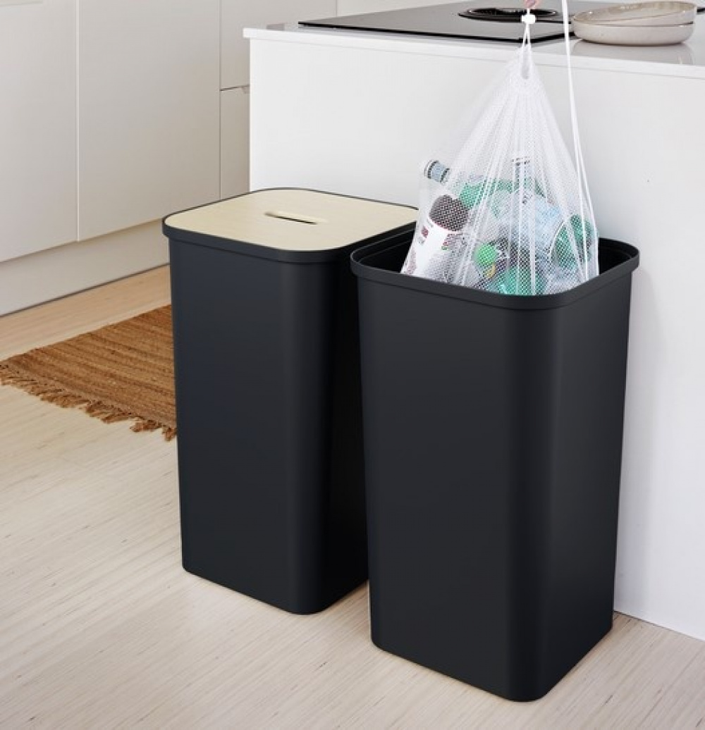 Tvättkorg med trälock, 53 L, SMARTSTORE COLLECT, 36 x 36 x H 58 cm, Svart / Natur i gruppen Förvaring / Tvätt och tork / Tvättkorgar hos SmartaSaker.se (43099)