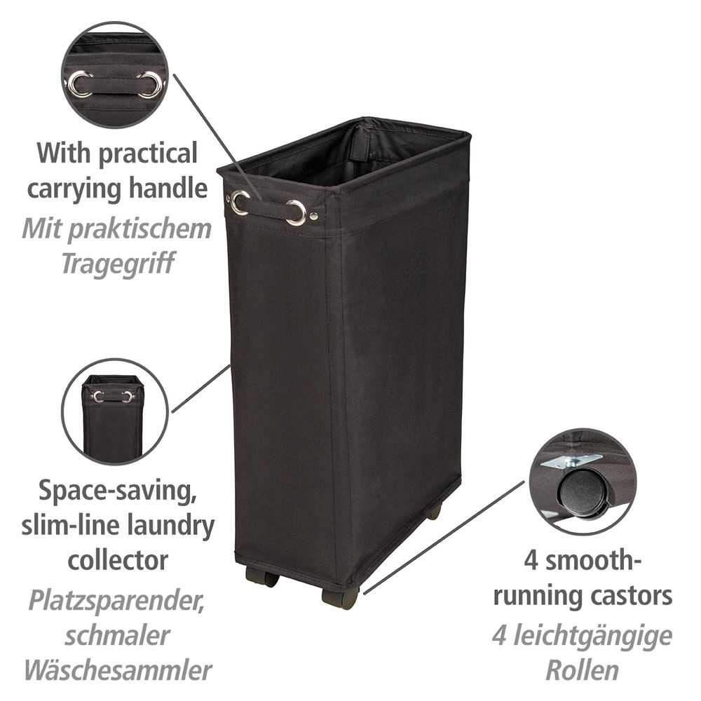 Tvättkorg på hjul, Extra Smal, CORNO, PRIME 18,5 x 40 x H 60 cm, Svart i gruppen Förvaring / Tvätt och tork / Tvättkorgar hos SmartaSaker.se (43102)