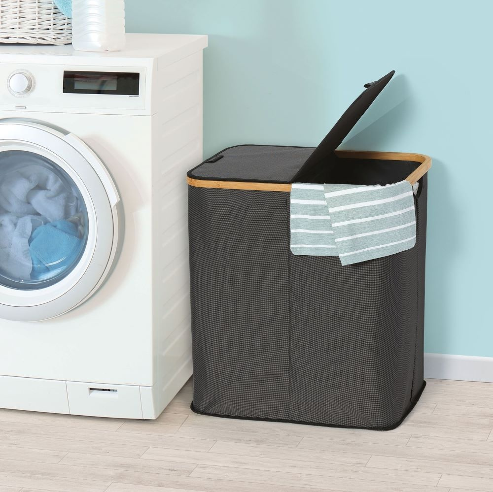 Tvättkorg, 2-delad, PORTABIANCHERIA DOPPIO, 54 x 34 x H 58,5cm, Mörkgrå /Bambu i gruppen Förvaring / Tvätt och tork / Tvättkorgar hos SmartaSaker.se (43105)