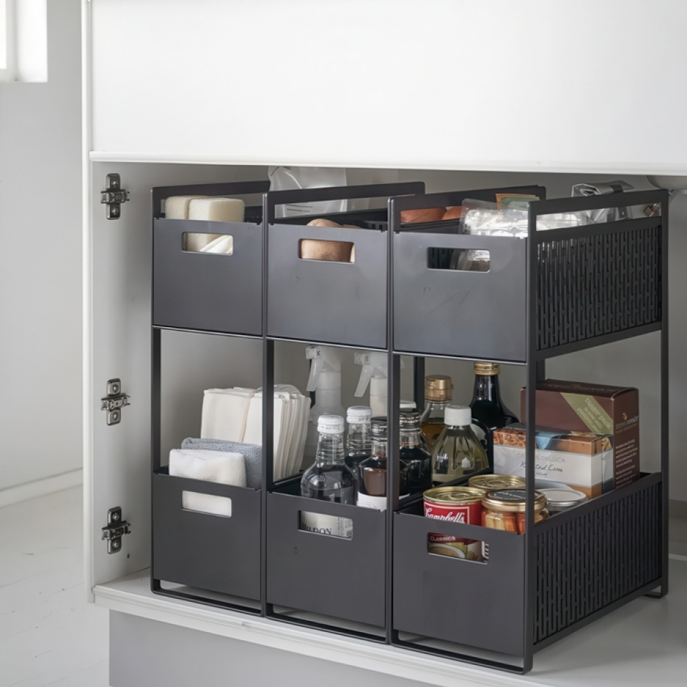 Utdragbara korgar, TOWER 2-TIERD BASKETS, Yamazaki, 32.5 x 16 x H 46 cm i gruppen Förvaring / Köksförvaring / Organisera köksskåp / Under diskbänksförvaring hos SmartaSaker.se (43176)