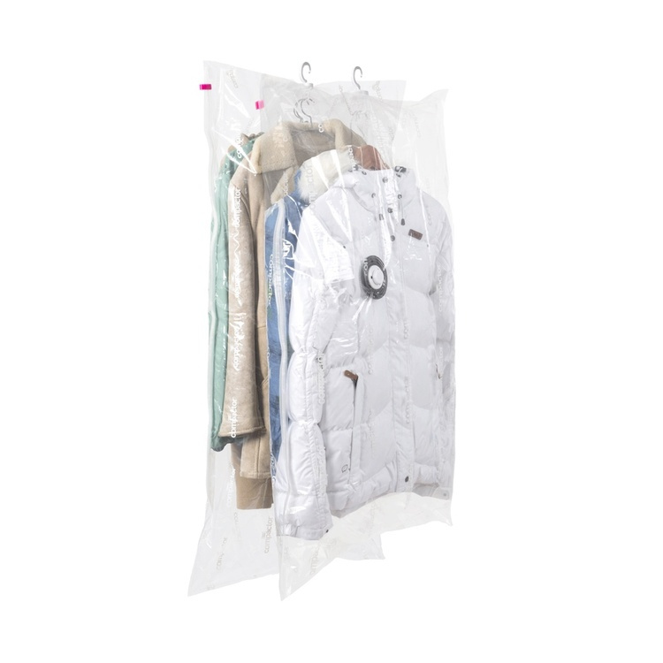 Vakuumpåsar med galge, 2 st, SET ESPACE DUO, Kort 70 x 105 cm + Lång 70 x 145 cm, Transparent i gruppen Förvaring / Garderobsförvaring / Vakuumförvaring / Hängande vakuumpåsar hos SmartaSaker.se (43177)